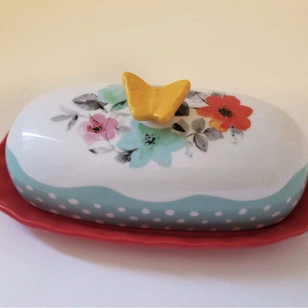 The Pioneer Woman Floral Butter Dish with Red Base